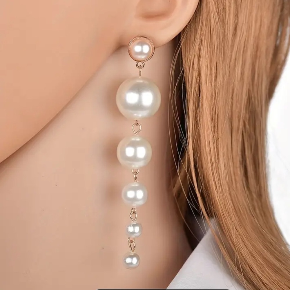 NEW Faux Pearl Decor Extra Long Dramatic, Glam, Luxury Drop Bridal Earrings